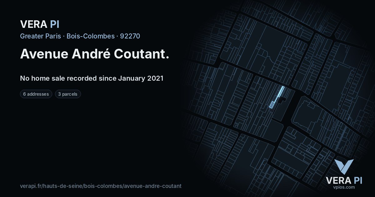 Avenue André Coutant, Bois-Colombes at night – every parcel coloured by the prices around it, the street's own parcels lit