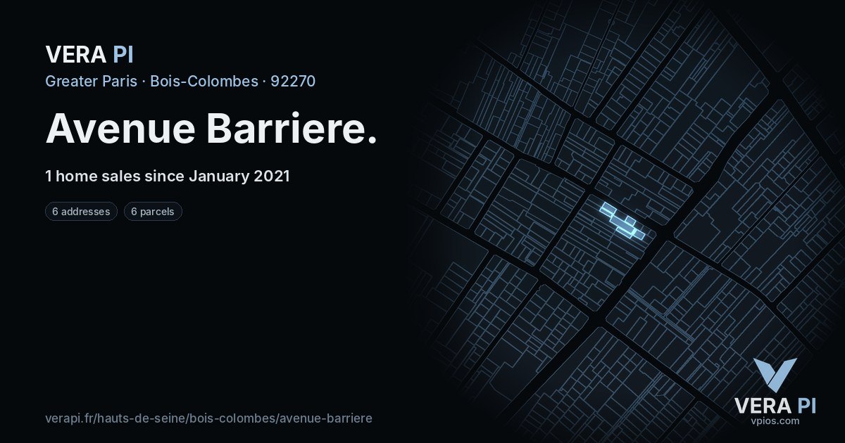 Avenue Barriere, Bois-Colombes at night – every parcel coloured by the prices around it, the street's own parcels lit