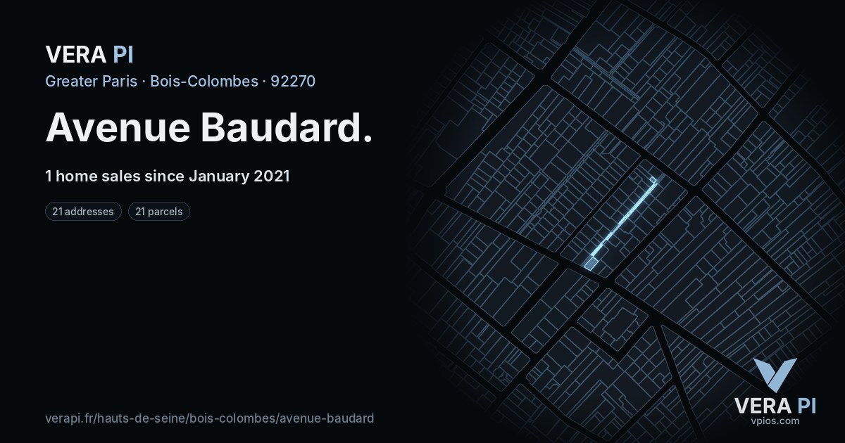 Avenue Baudard, Bois-Colombes at night – every parcel coloured by the prices around it, the street's own parcels lit