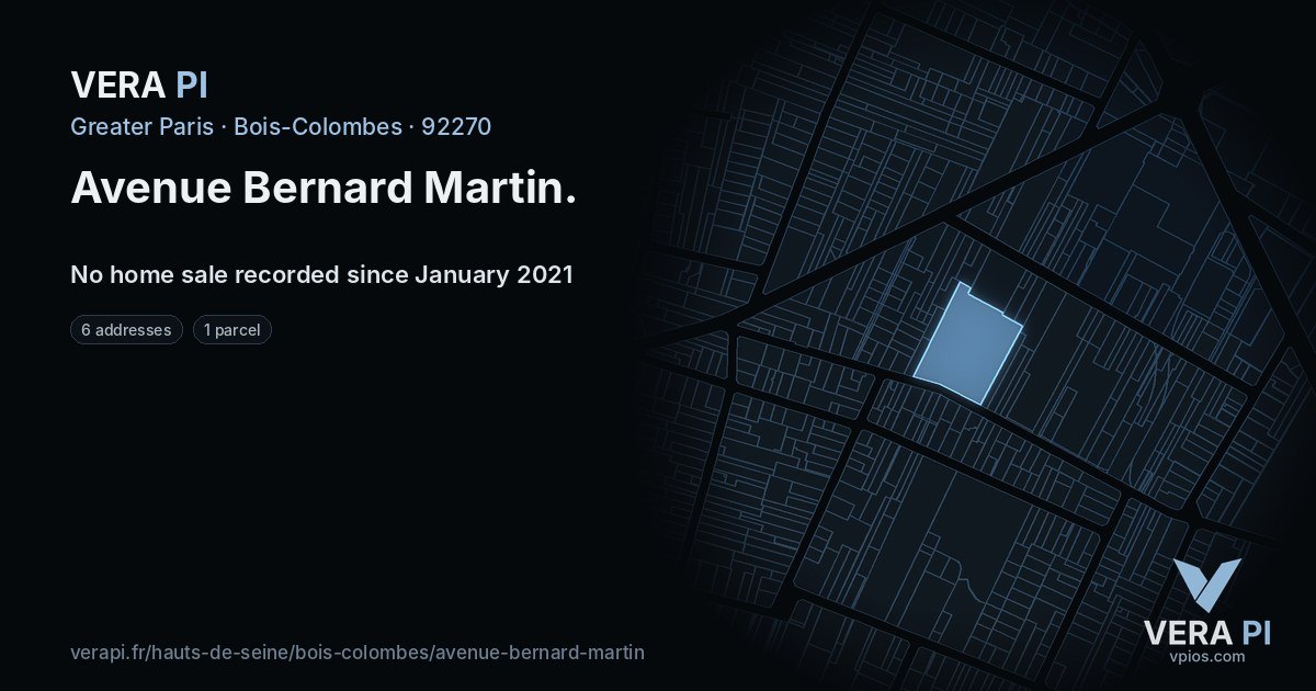 Avenue Bernard Martin, Bois-Colombes at night – every parcel coloured by the prices around it, the street's own parcels lit