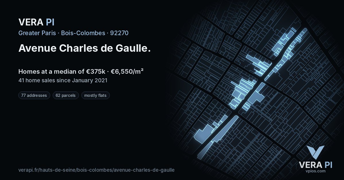 Avenue Charles de Gaulle, Bois-Colombes at night – every parcel coloured by the prices around it, the street's own parcels lit