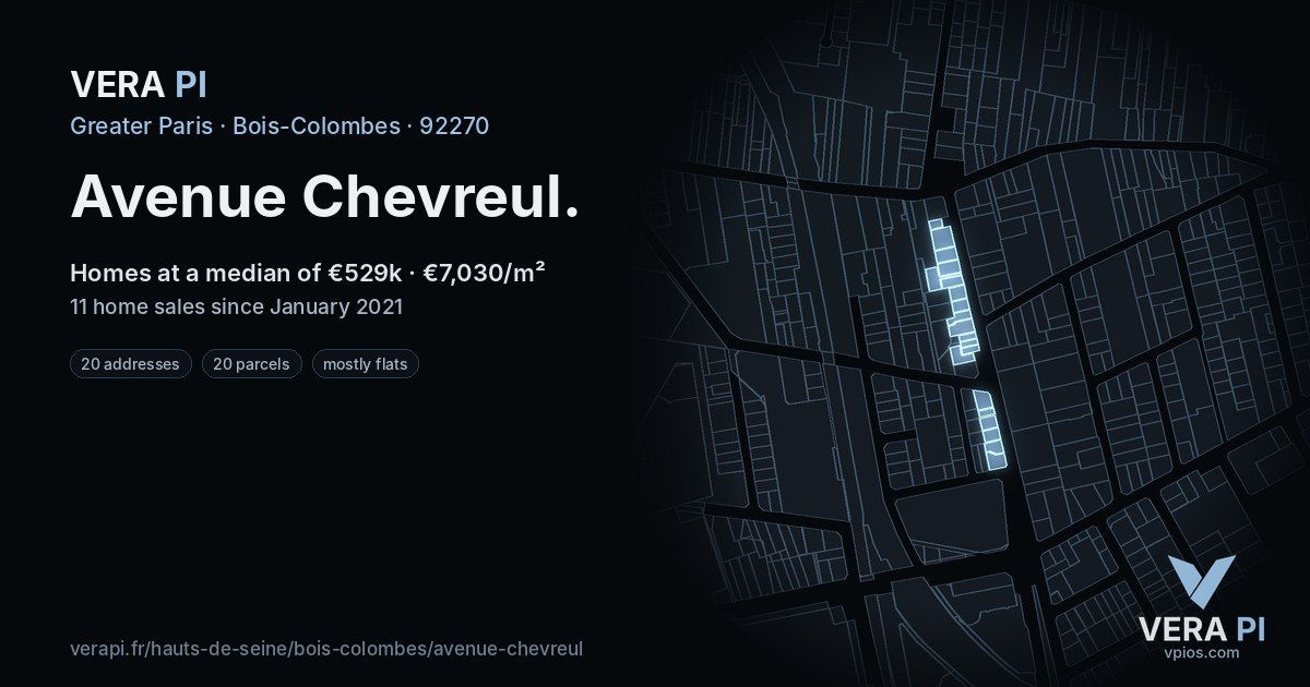 Avenue Chevreul, Bois-Colombes at night – every parcel coloured by the prices around it, the street's own parcels lit