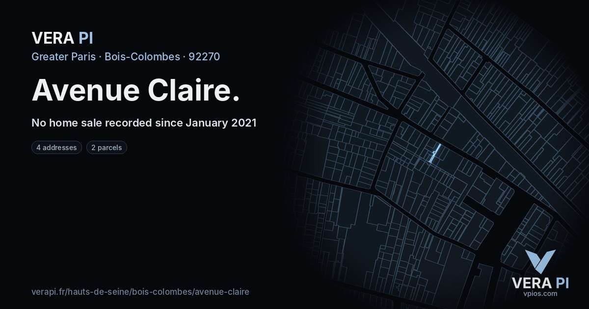 Avenue Claire, Bois-Colombes at night – every parcel coloured by the prices around it, the street's own parcels lit