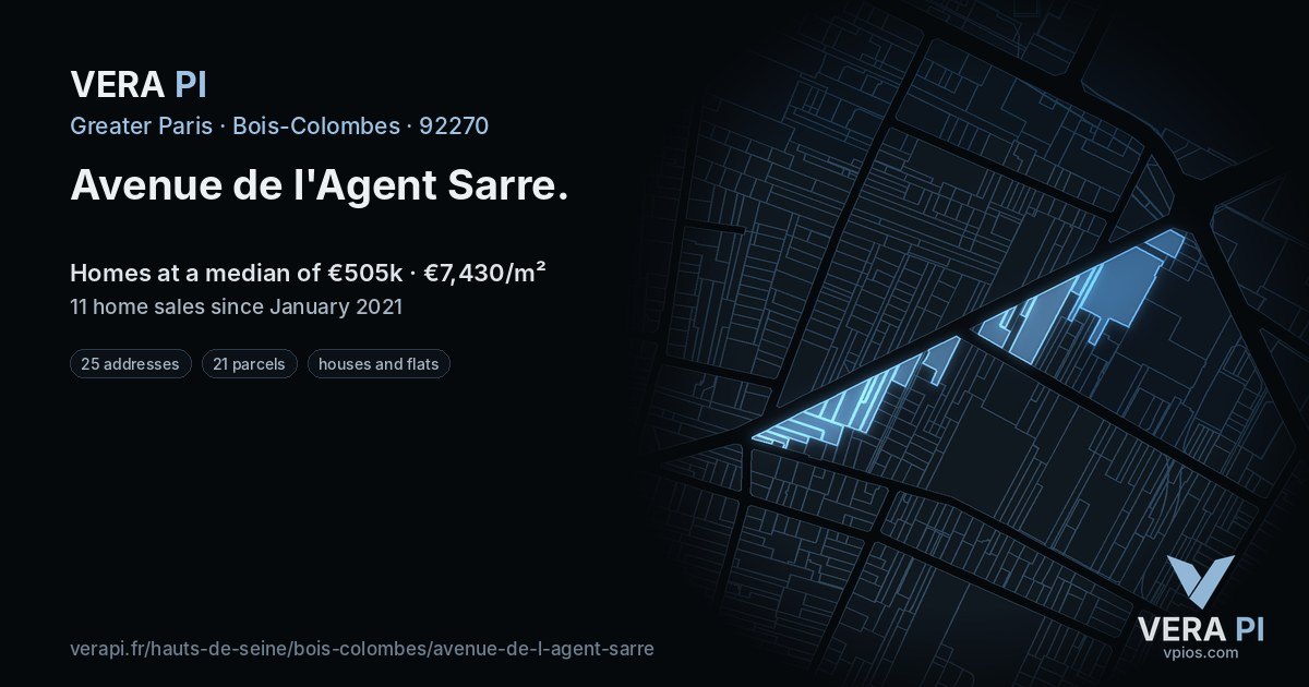Avenue de l'Agent Sarre, Bois-Colombes at night – every parcel coloured by the prices around it, the street's own parcels lit