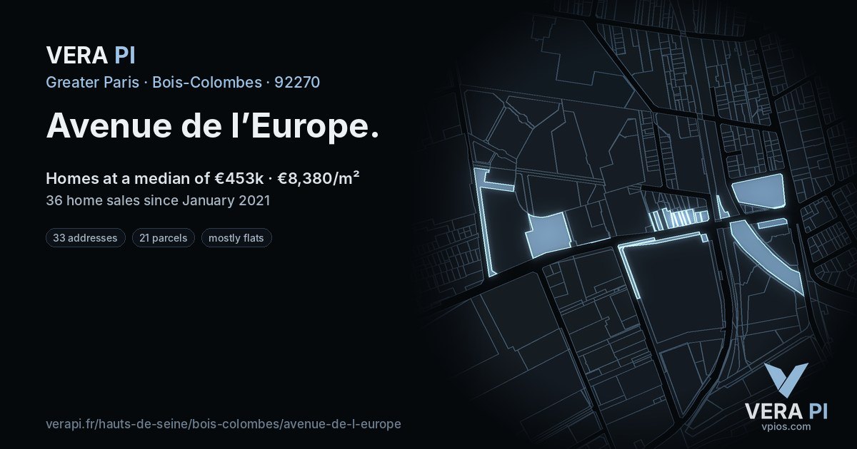 Avenue de l’Europe, Bois-Colombes at night – every parcel coloured by the prices around it, the street's own parcels lit