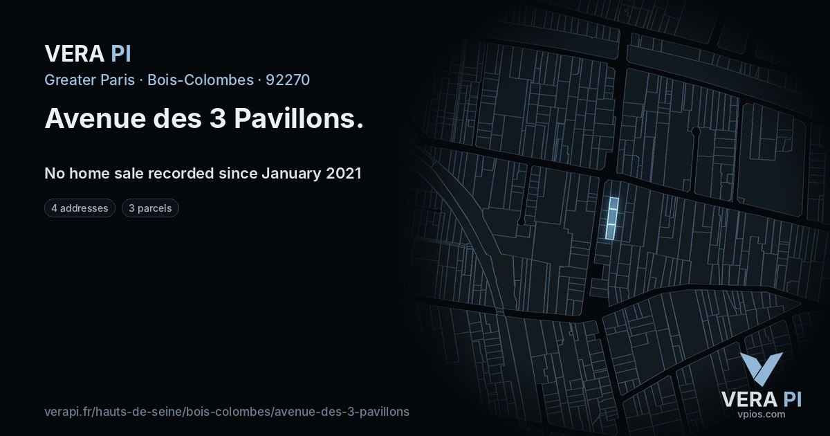 Avenue des 3 Pavillons, Bois-Colombes at night – every parcel coloured by the prices around it, the street's own parcels lit
