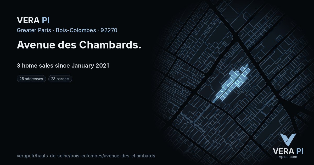 Avenue des Chambards, Bois-Colombes at night – every parcel coloured by the prices around it, the street's own parcels lit