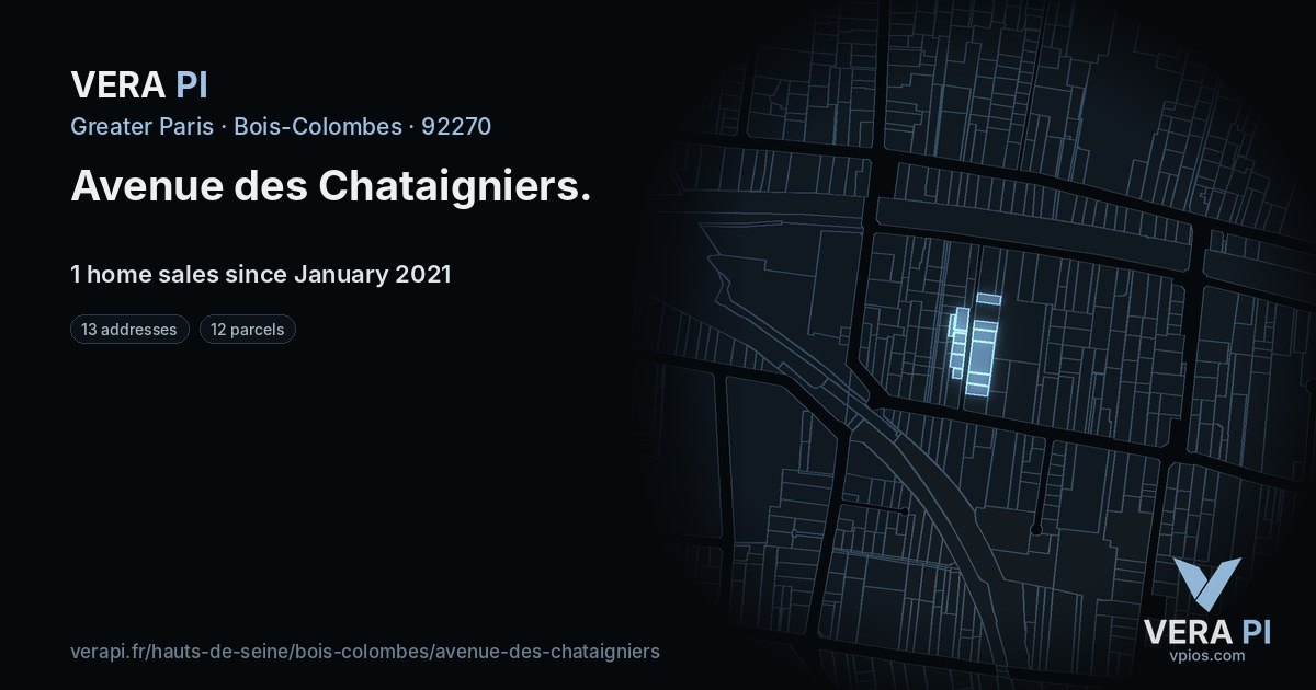 Avenue des Chataigniers, Bois-Colombes at night – every parcel coloured by the prices around it, the street's own parcels lit