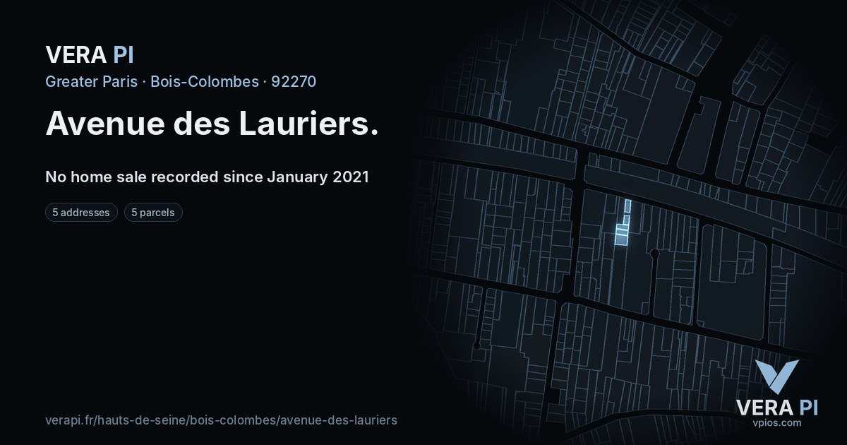 Avenue des Lauriers, Bois-Colombes at night – every parcel coloured by the prices around it, the street's own parcels lit