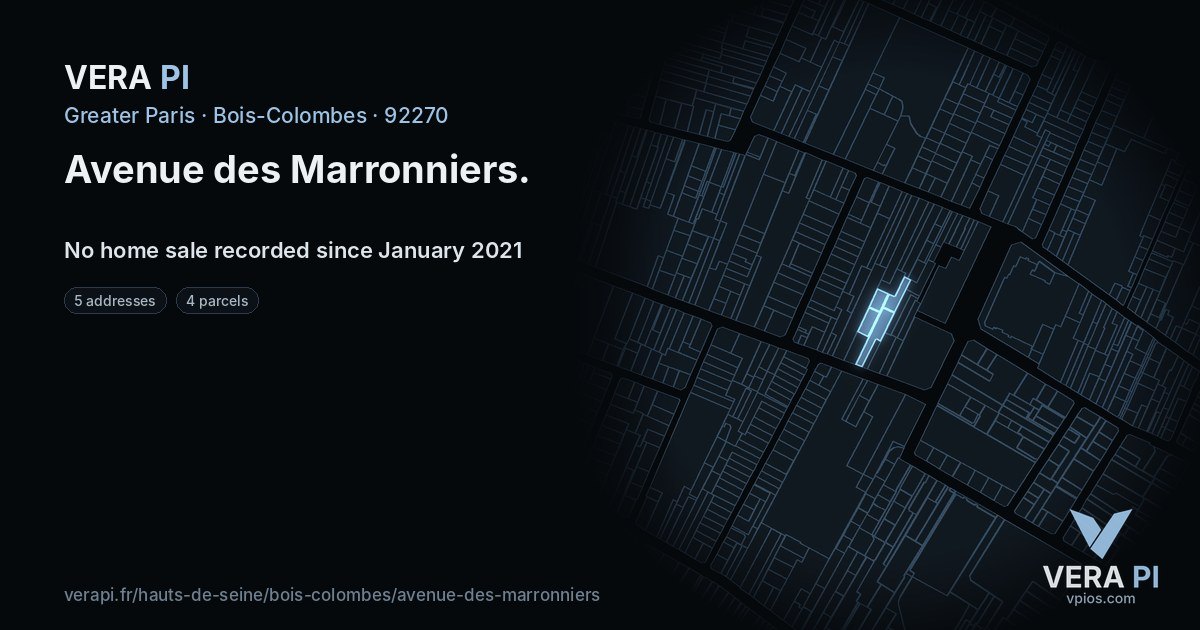 Avenue des Marronniers, Bois-Colombes at night – every parcel coloured by the prices around it, the street's own parcels lit