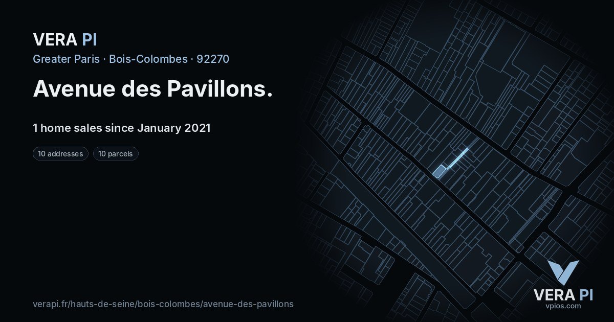 Avenue des Pavillons, Bois-Colombes at night – every parcel coloured by the prices around it, the street's own parcels lit