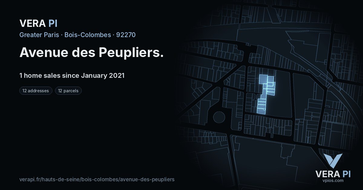 Avenue des Peupliers, Bois-Colombes at night – every parcel coloured by the prices around it, the street's own parcels lit