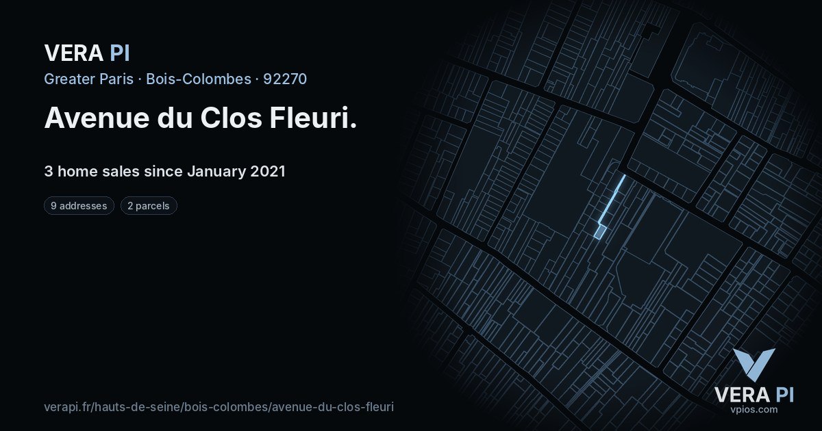 Avenue du Clos Fleuri, Bois-Colombes at night – every parcel coloured by the prices around it, the street's own parcels lit