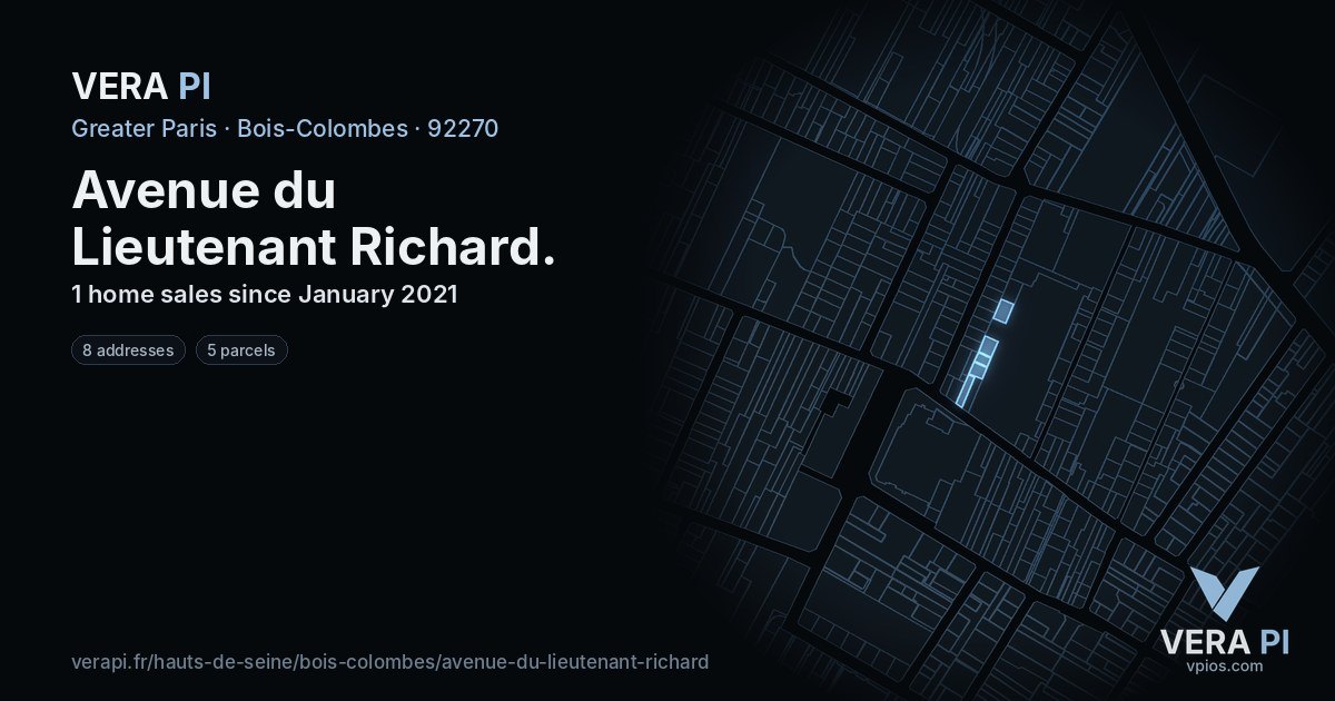 Avenue du Lieutenant Richard, Bois-Colombes at night – every parcel coloured by the prices around it, the street's own parcels lit
