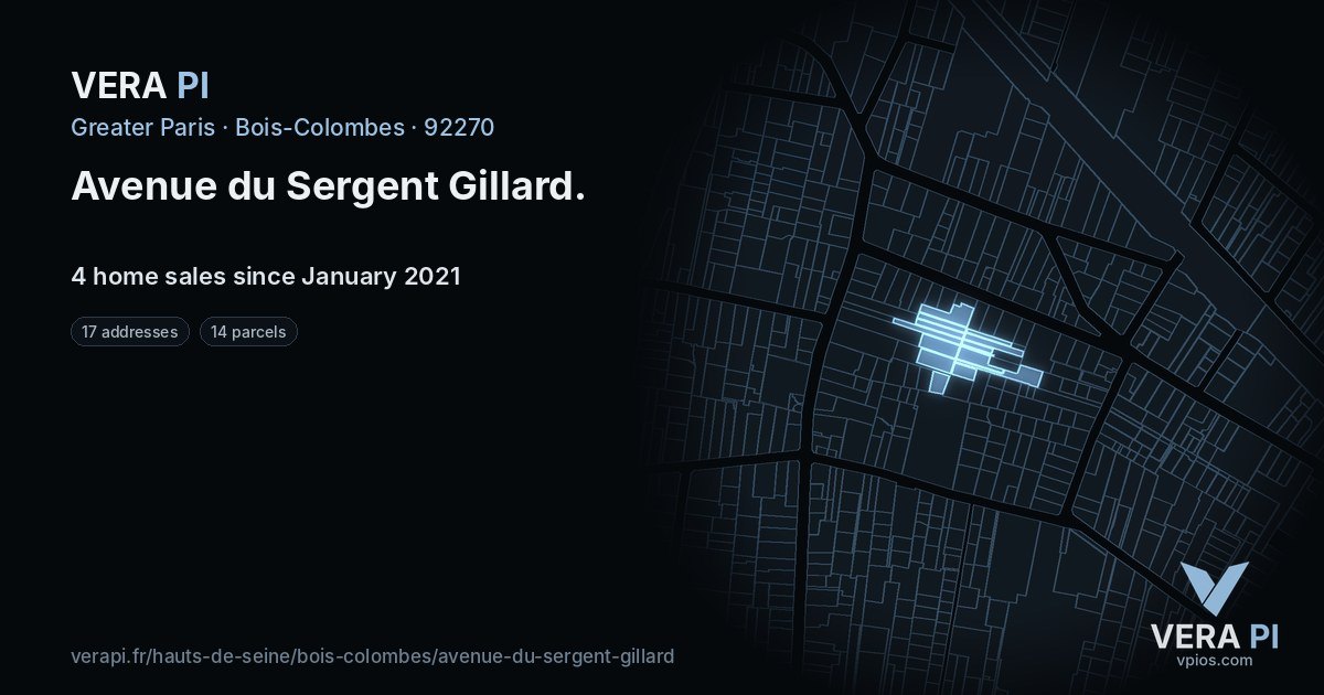 Avenue du Sergent Gillard, Bois-Colombes at night – every parcel coloured by the prices around it, the street's own parcels lit
