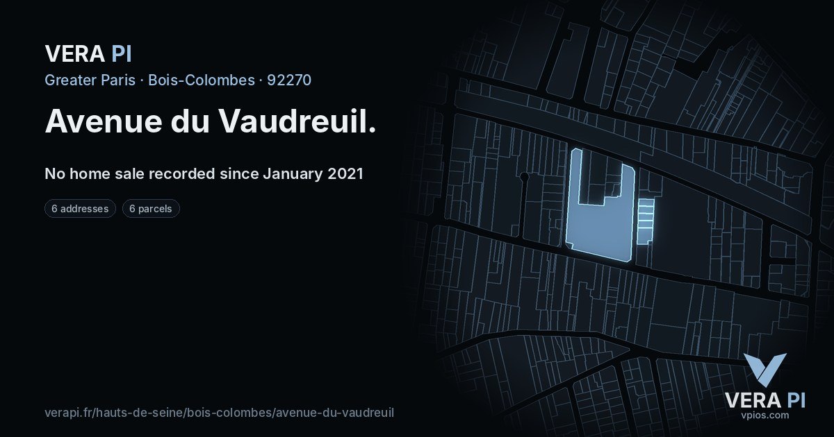 Avenue du Vaudreuil, Bois-Colombes at night – every parcel coloured by the prices around it, the street's own parcels lit