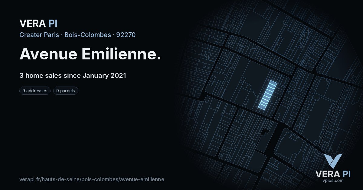 Avenue Emilienne, Bois-Colombes at night – every parcel coloured by the prices around it, the street's own parcels lit