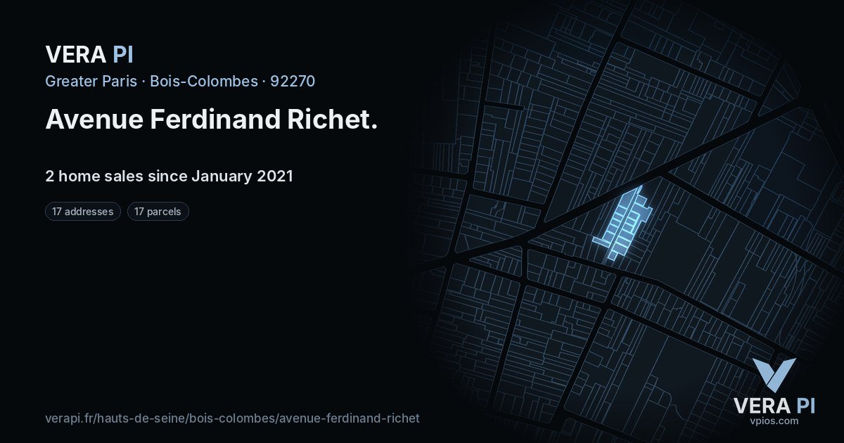 Avenue Ferdinand Richet, Bois-Colombes at night – every parcel coloured by the prices around it, the street's own parcels lit