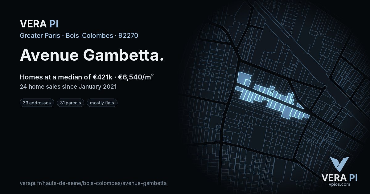 Avenue Gambetta, Bois-Colombes at night – every parcel coloured by the prices around it, the street's own parcels lit