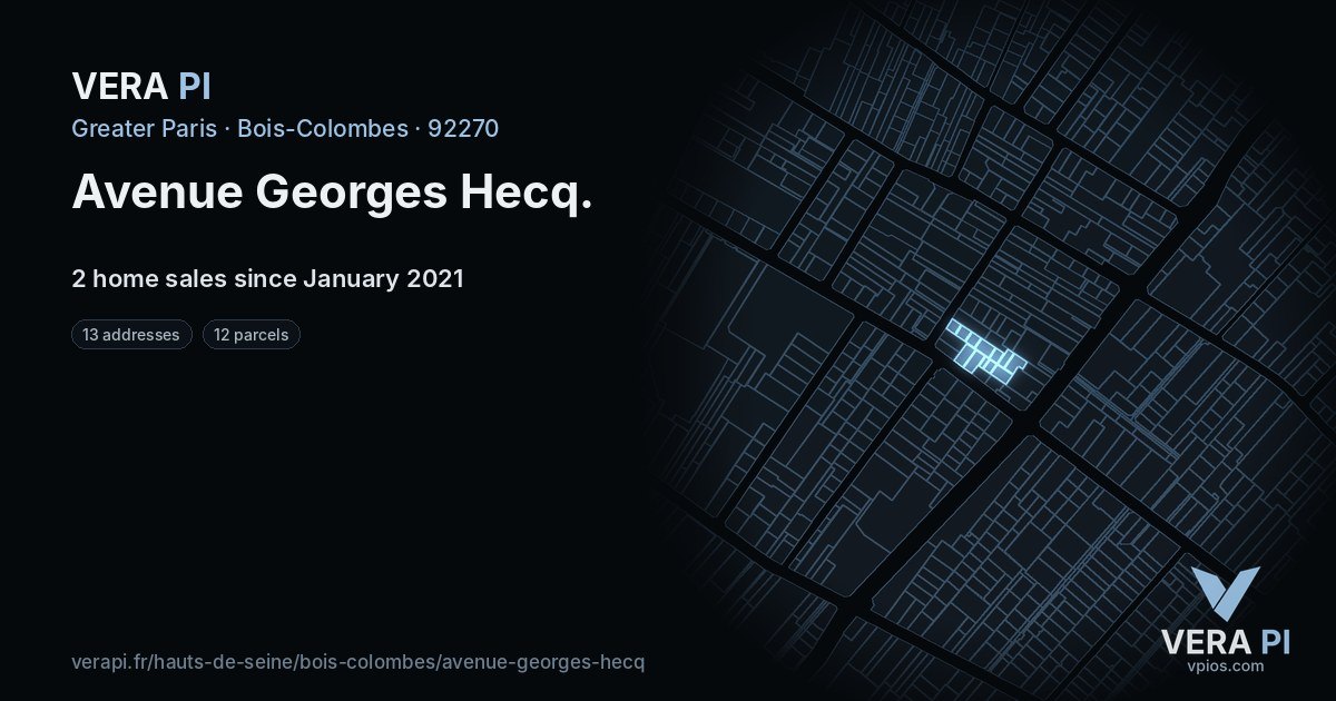 Avenue Georges Hecq, Bois-Colombes at night – every parcel coloured by the prices around it, the street's own parcels lit