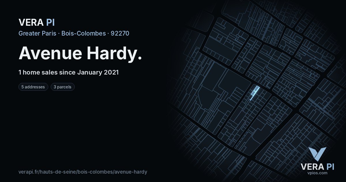 Avenue Hardy, Bois-Colombes at night – every parcel coloured by the prices around it, the street's own parcels lit