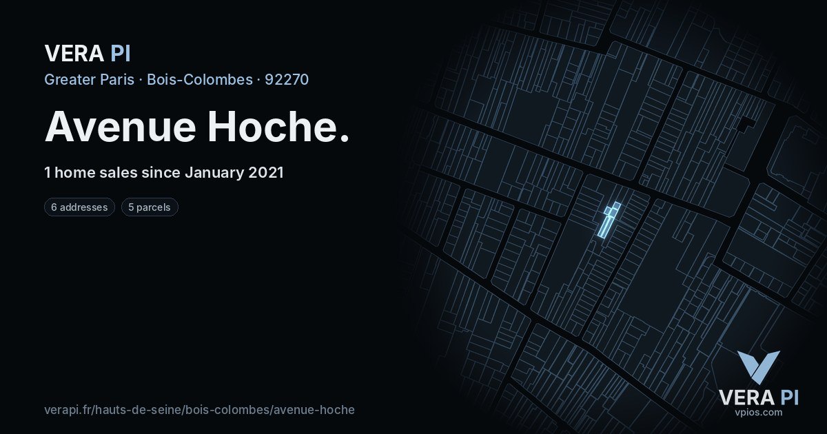 Avenue Hoche, Bois-Colombes at night – every parcel coloured by the prices around it, the street's own parcels lit