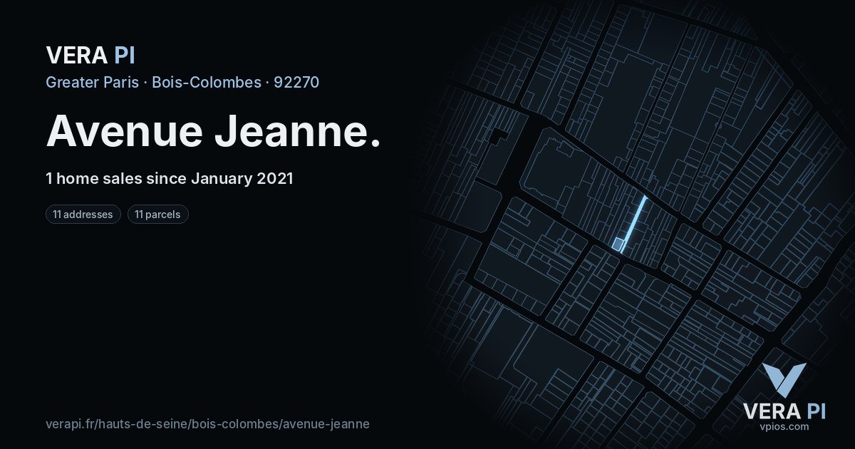 Avenue Jeanne, Bois-Colombes at night – every parcel coloured by the prices around it, the street's own parcels lit