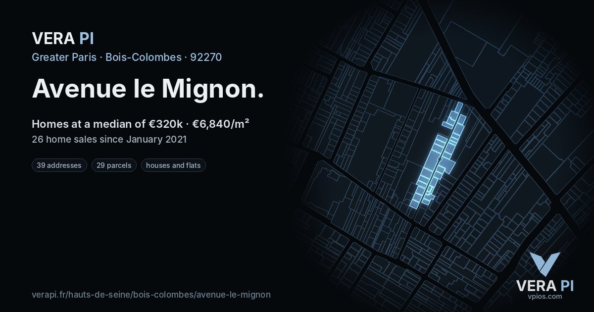 Avenue le Mignon, Bois-Colombes at night – every parcel coloured by the prices around it, the street's own parcels lit