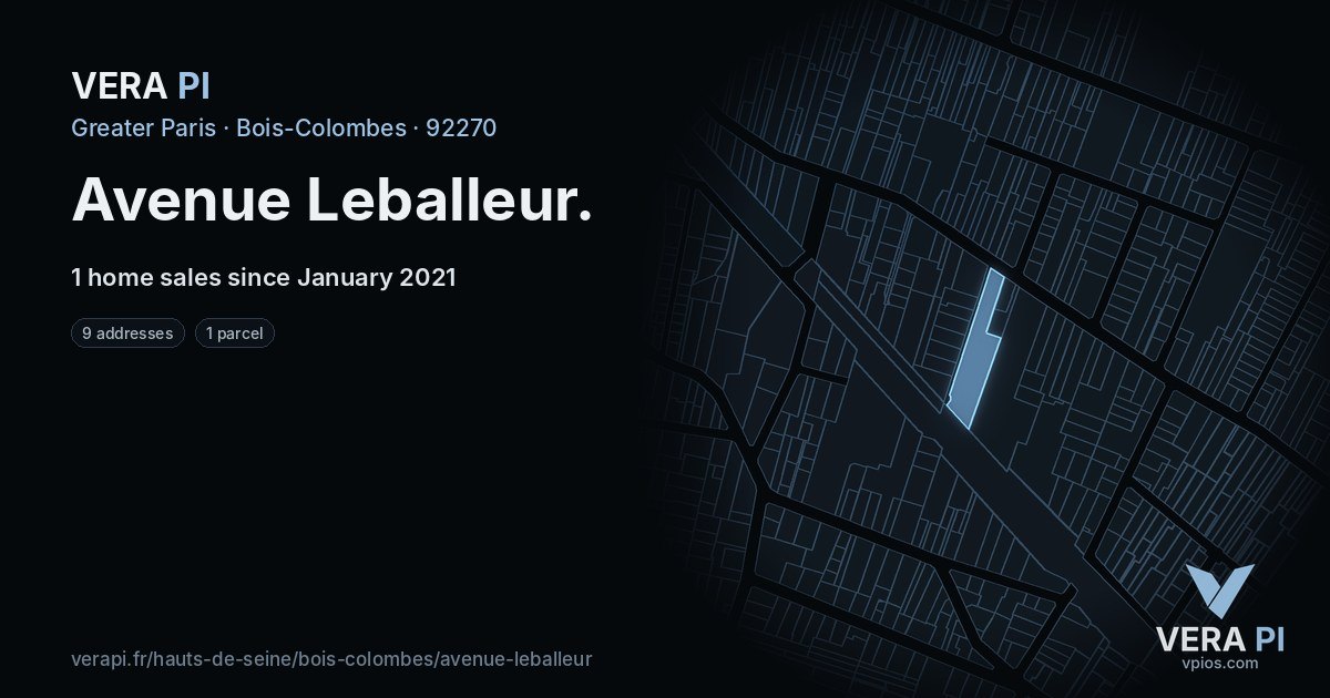 Avenue Leballeur, Bois-Colombes at night – every parcel coloured by the prices around it, the street's own parcels lit