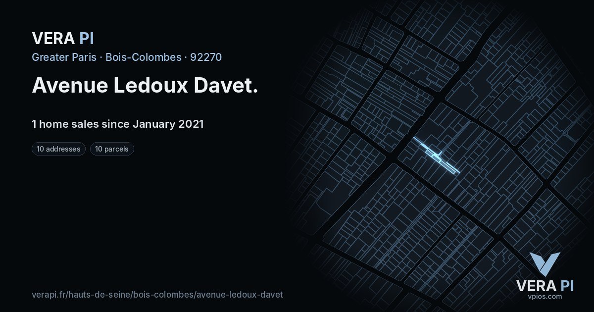 Avenue Ledoux Davet, Bois-Colombes at night – every parcel coloured by the prices around it, the street's own parcels lit