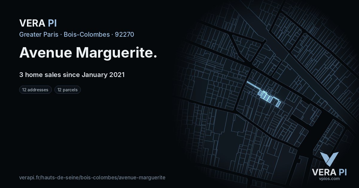 Avenue Marguerite, Bois-Colombes at night – every parcel coloured by the prices around it, the street's own parcels lit