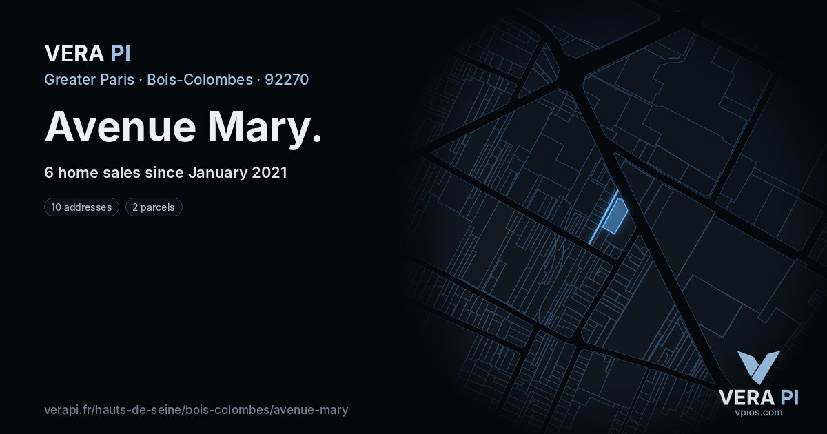 Avenue Mary, Bois-Colombes at night – every parcel coloured by the prices around it, the street's own parcels lit
