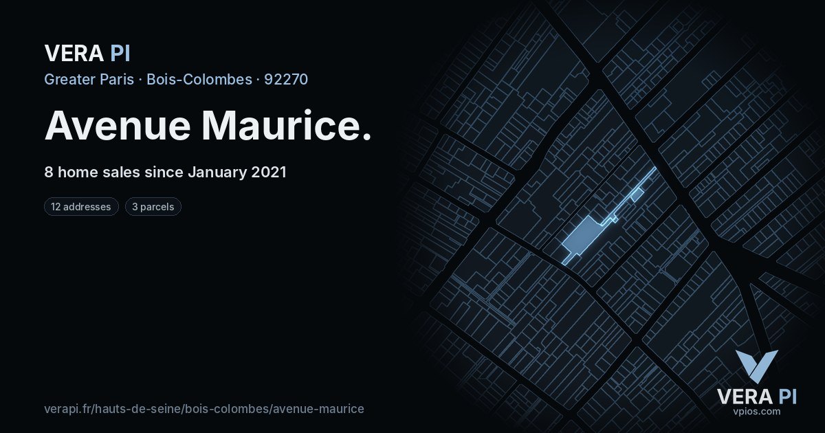 Avenue Maurice, Bois-Colombes at night – every parcel coloured by the prices around it, the street's own parcels lit
