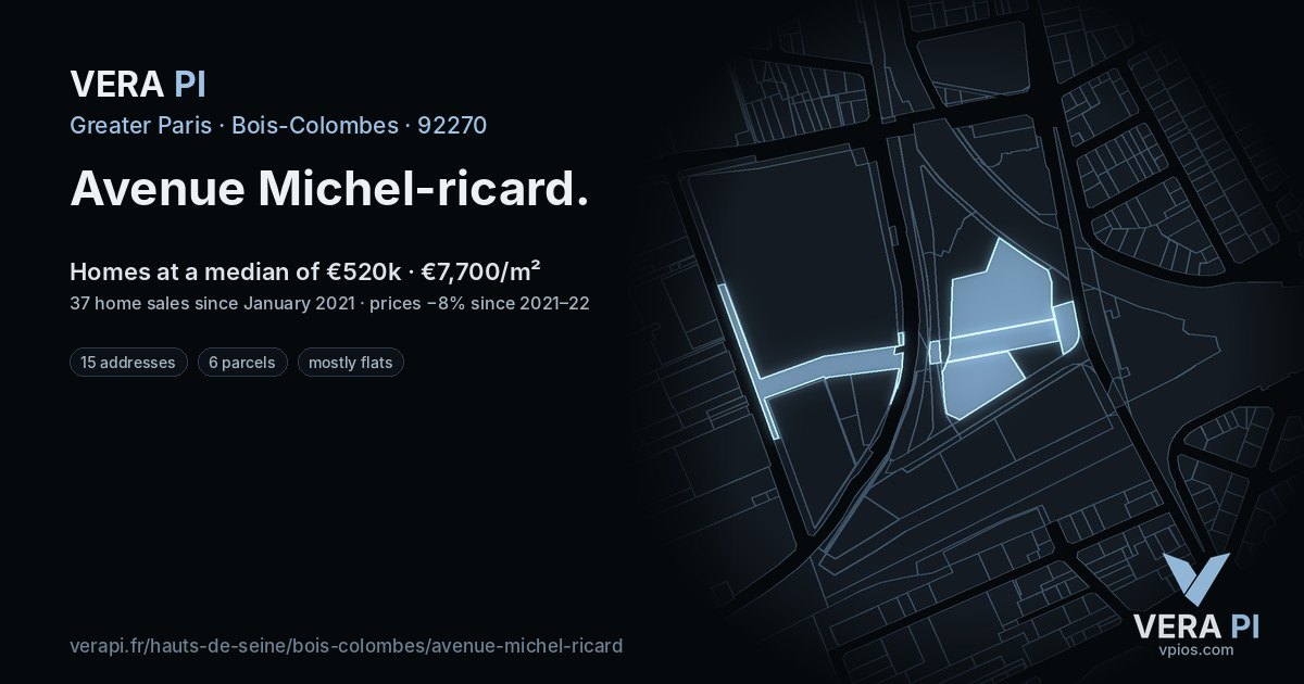 Avenue Michel-ricard, Bois-Colombes at night – every parcel coloured by the prices around it, the street's own parcels lit