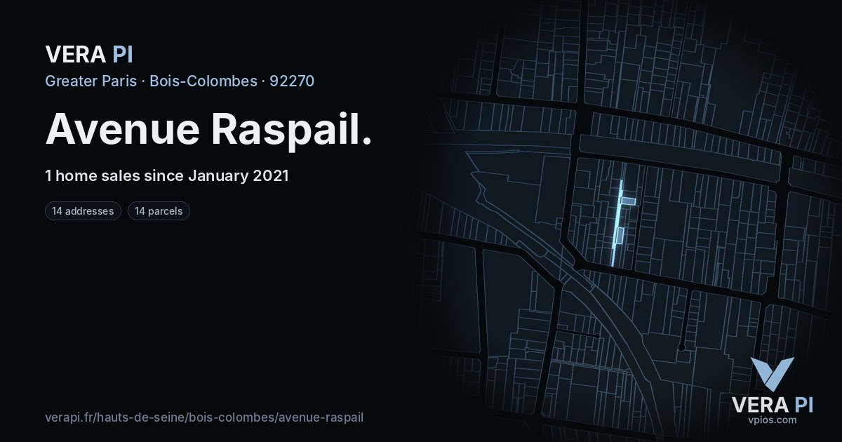 Avenue Raspail, Bois-Colombes at night – every parcel coloured by the prices around it, the street's own parcels lit