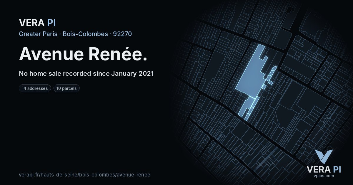 Avenue Renée, Bois-Colombes at night – every parcel coloured by the prices around it, the street's own parcels lit