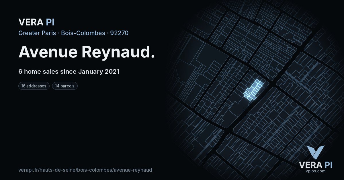 Avenue Reynaud, Bois-Colombes at night – every parcel coloured by the prices around it, the street's own parcels lit