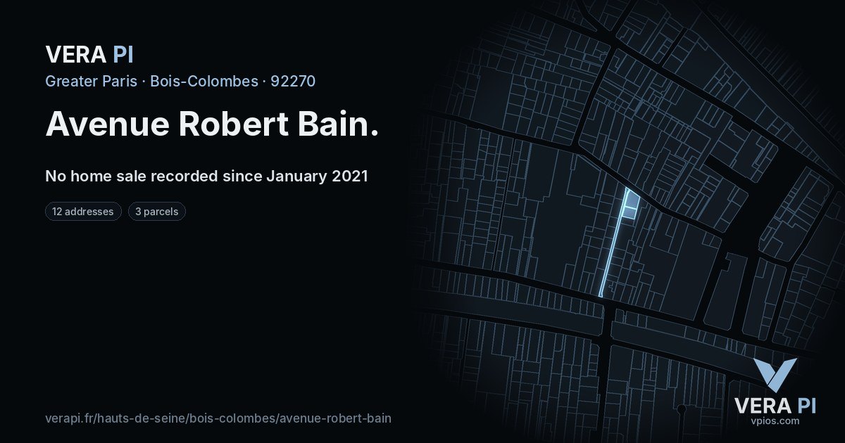 Avenue Robert Bain, Bois-Colombes at night – every parcel coloured by the prices around it, the street's own parcels lit