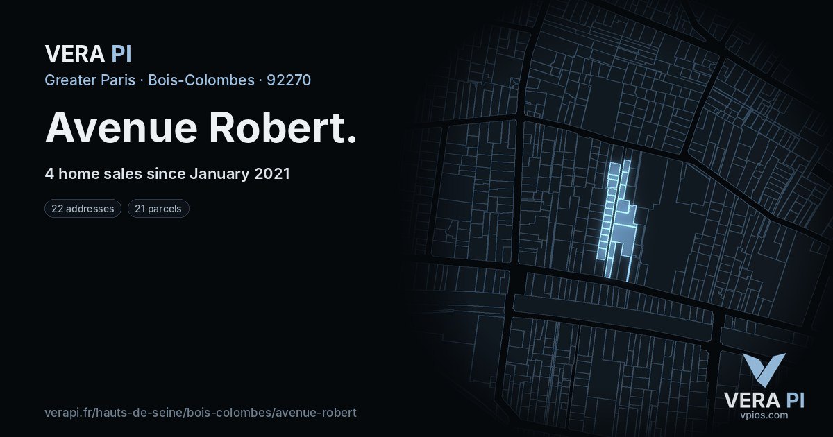 Avenue Robert, Bois-Colombes at night – every parcel coloured by the prices around it, the street's own parcels lit