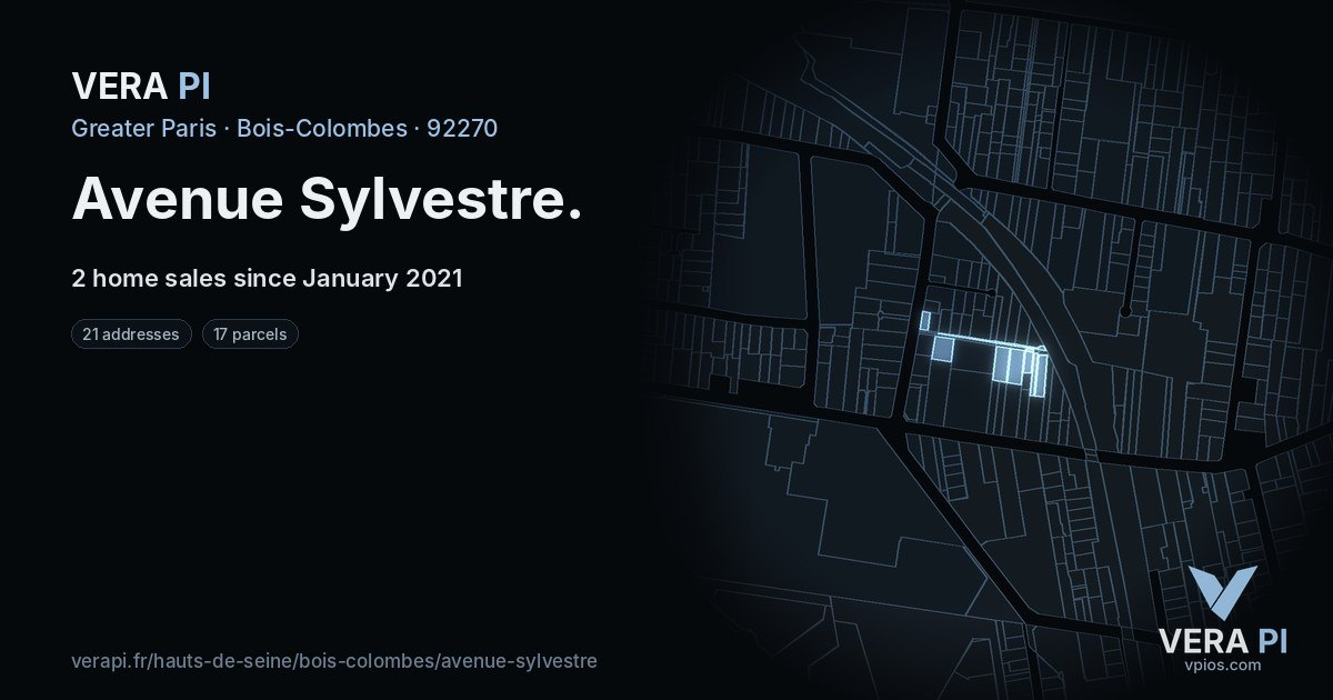 Avenue Sylvestre, Bois-Colombes at night – every parcel coloured by the prices around it, the street's own parcels lit
