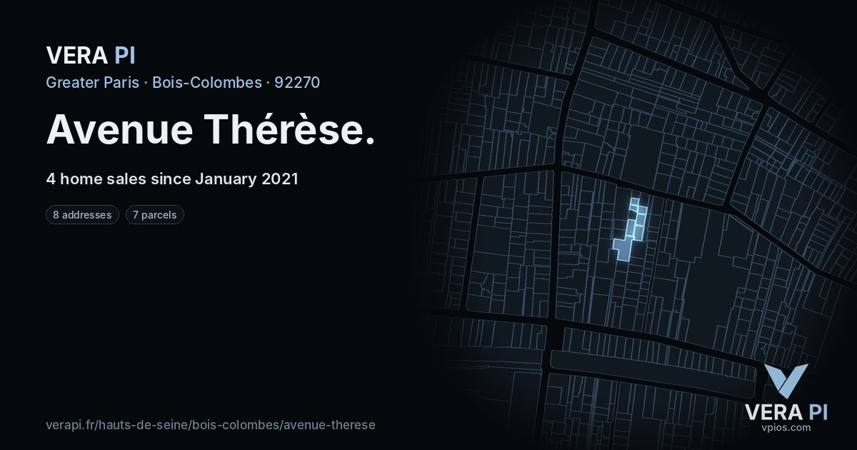 Avenue Thérèse, Bois-Colombes at night – every parcel coloured by the prices around it, the street's own parcels lit