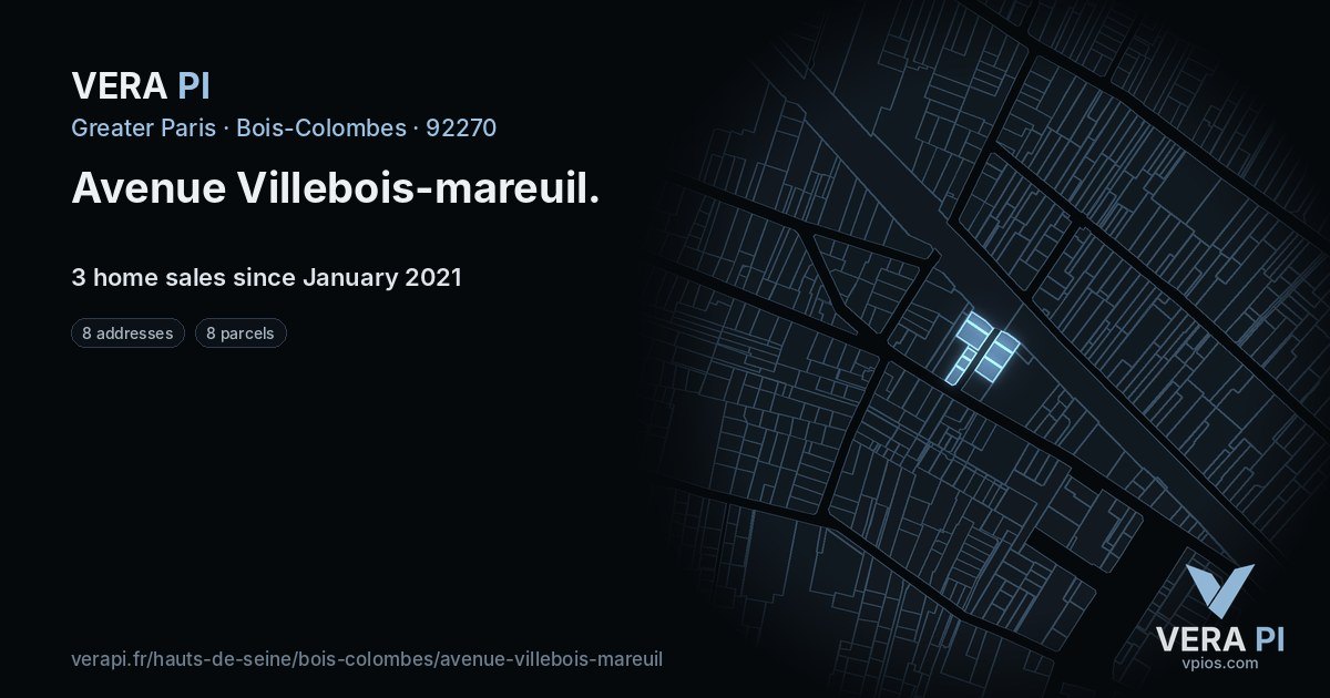 Avenue Villebois-mareuil, Bois-Colombes at night – every parcel coloured by the prices around it, the street's own parcels lit