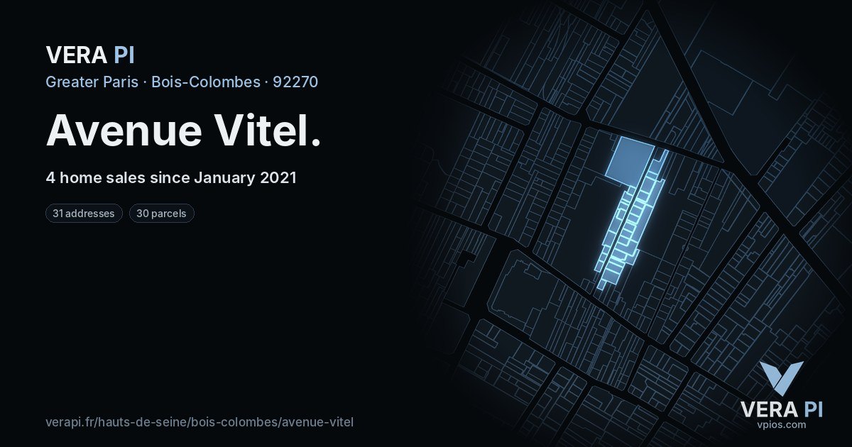 Avenue Vitel, Bois-Colombes at night – every parcel coloured by the prices around it, the street's own parcels lit