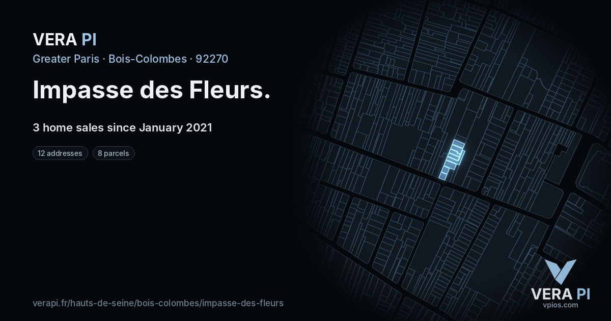 Impasse des Fleurs, Bois-Colombes at night – every parcel coloured by the prices around it, the street's own parcels lit