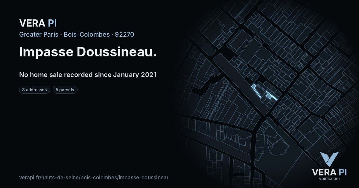 Impasse Doussineau, Bois-Colombes at night – every parcel coloured by the prices around it, the street's own parcels lit