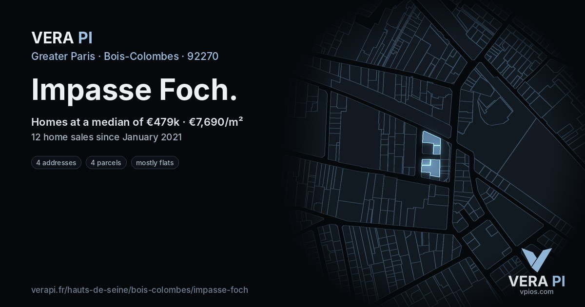 Impasse Foch, Bois-Colombes at night – every parcel coloured by the prices around it, the street's own parcels lit