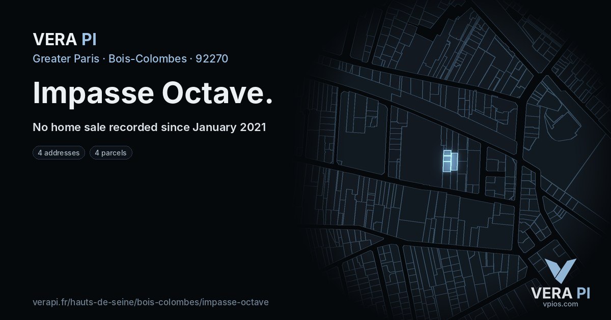 Impasse Octave, Bois-Colombes at night – every parcel coloured by the prices around it, the street's own parcels lit