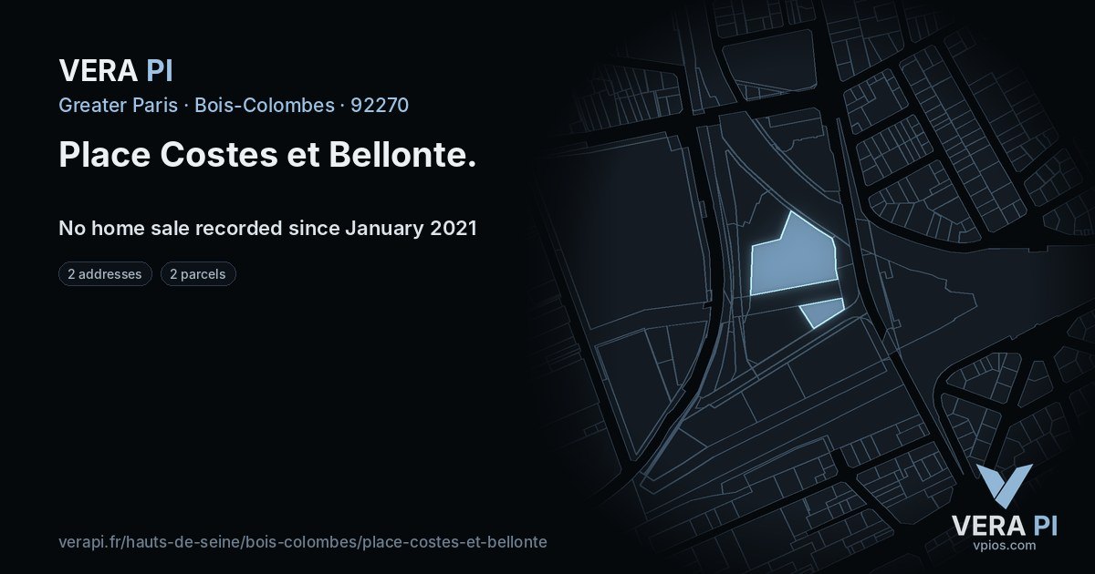 Place Costes et Bellonte, Bois-Colombes at night – every parcel coloured by the prices around it, the street's own parcels lit