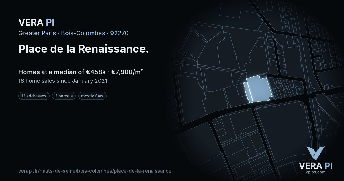 Place de la Renaissance, Bois-Colombes at night – every parcel coloured by the prices around it, the street's own parcels lit