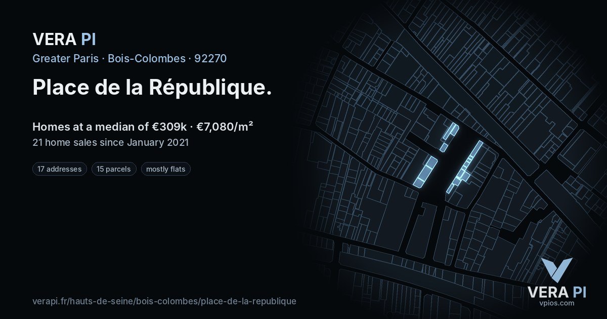 Place de la République, Bois-Colombes at night – every parcel coloured by the prices around it, the street's own parcels lit